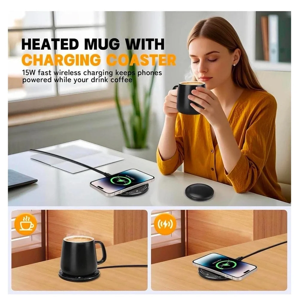131°F Smart-Warming Ceramic Cup with Leak-Resistant Lid, 15W Wireless Charger...